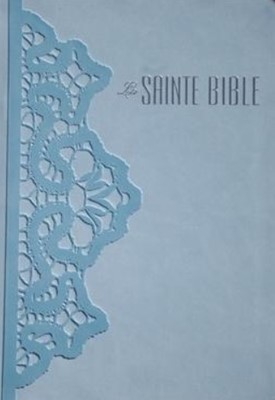 Bible de couleur bleu ciel avec un motif dentelle en relief