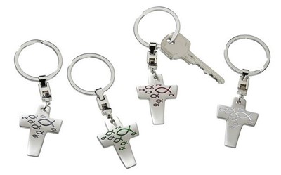 Porte-clé croix ichtus métal poli 9.5 cm