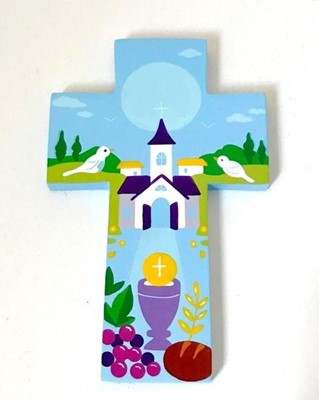 Croix en bois, communion, bleue