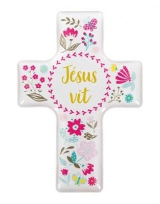 Magnet croix décoratif avec motif floral et le texte : "Jésus vit".
