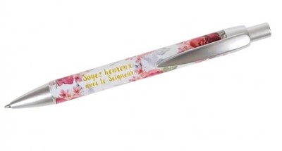 Stylo à bille avec motif pivoines et le texte : "Soyez heureux avec le Seigneur."