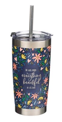 Mug  de voyage en acier inoxydable Everything Beautiful - Eccl 3 :11  avec paille réutilisable