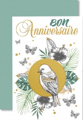 Carte double anniversaire oiseau, papillons sur fond vert