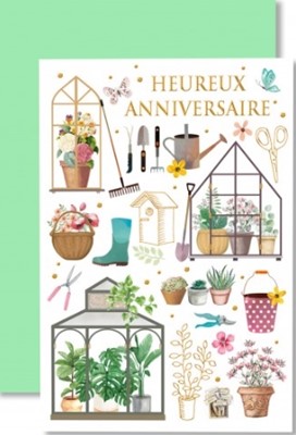 Carte double anniversaire outils de jardinage bottes Oui, le Seigneur est bon, et son amour n’a pas de fin. Ps 100.5