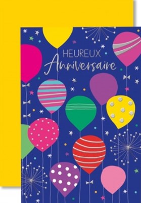 Carte double anniversaire ballons multicolores sur fond violet