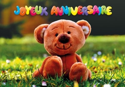 Carte Double Anniversaire Ourson en peluche posé sur l'herbe