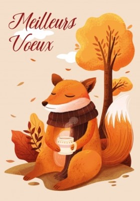 Carte postale bonne année dessin d'un renard avec une tasse de thé