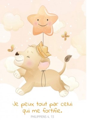 Carte postale pour les enfants avec verset dessin d'un lionceau accroché à un ballon étoile