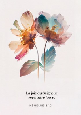 Carte postale avec verset fleurs colorées sur fond blanc