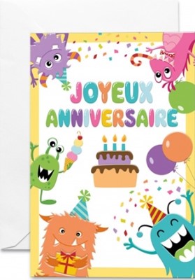 Carte double anniversaire animaux joyeux, ballons et gâteau d'anniversaire