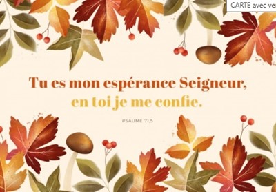 Carte postale condoléances avec verset fleurs d'automne et champignons