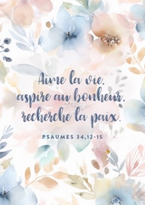 Carte postale avec verset motifs floraux pastels "aime la vie..."