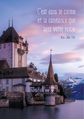 Carte postale avec verset château au bord d'un lac