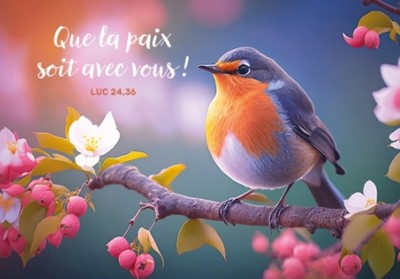 Carte postale avec verset moineau sur une branche en fleur