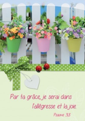 Carte postale avec verset pots de fleurs sur une barrière