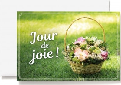 Carte double verset panier de fleurs posé sur l'herbe