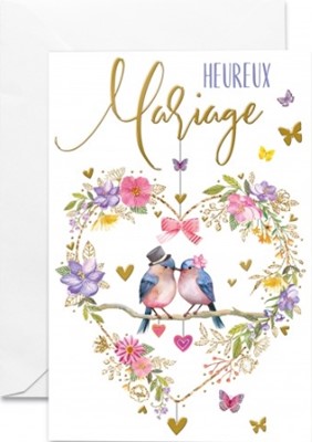 Carte double mariage couple d'oiseaux au milieu d'un coeur