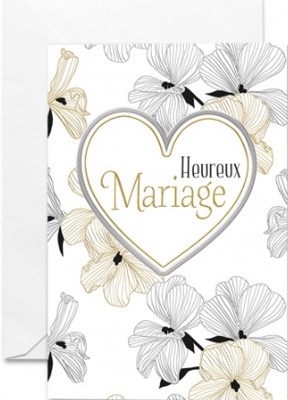 Carte double mariage coeur argenté sur fond blanc