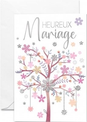 Carte double mariage arbre rose avec fleurs assorties et argentées