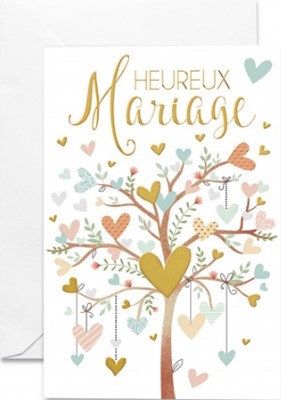 Carte double mariage arbre vieux rose avec coeurs assortis et dorés