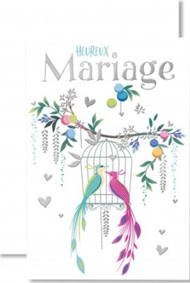 Carte double mariage oiseaux coeurs argentes
