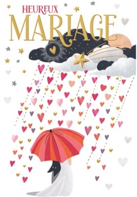 Carte double mariage nuages et pluie de coeurs