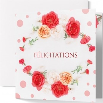 Carte double mariage couronne de roses sur fond blanc
