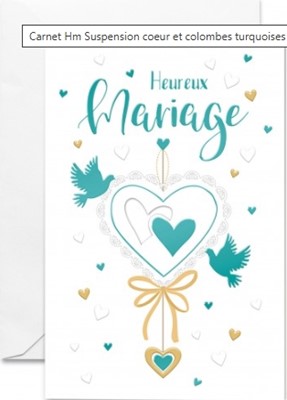 Carte double mariage suspension coeur et colombes turquoises