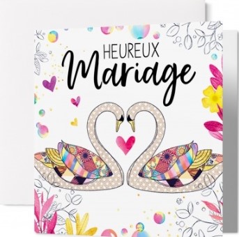 Carte double mariage deux cygnes formant un coeur