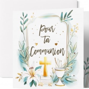 Carte double communion motifs floraux blancs, croix et coupe
