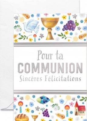 Carte double communion symboles chrétiens : colombe, calice, poisson, église, raisin