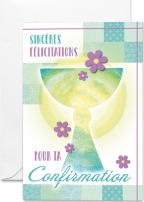 Carte double confirmation calice en dégradé vert et jaune avec fleurs violettes