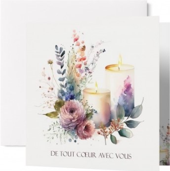 Carte double condoléances aquarelle de fleurs et bougies