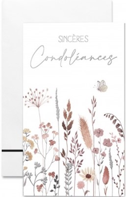 Carte double condoléances fleurs roses et argentées et papillon