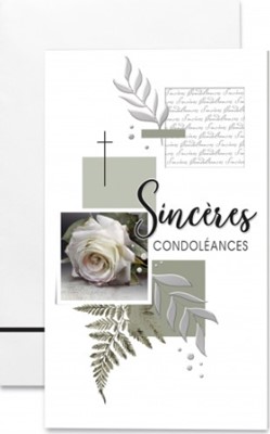 Carte double condoléances Rose blanche et feuillages dorés sur fond vert émeraude