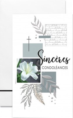Carte double condoléances fleur de lys et feuillages dorés sur fond vert émeraude