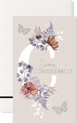 Carte double condoléances fleurs et papillons sur fond gris