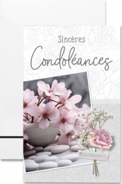 Mignonnette condoléances fleurs roses et galets blancs sur fond gris