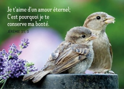 Mini carte couple d'oiseaux et fleurs violettes