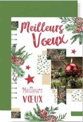 Carte double fin année bougie et branches de sapin