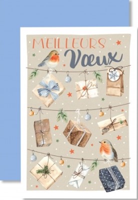 Carte double fin année moineau et cadeaux