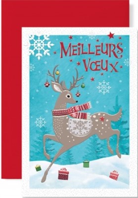 Carte double fin année cerf, cadeaux et boules de Noël