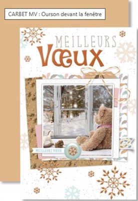 Carte double fin année ourson devant la fenêtre