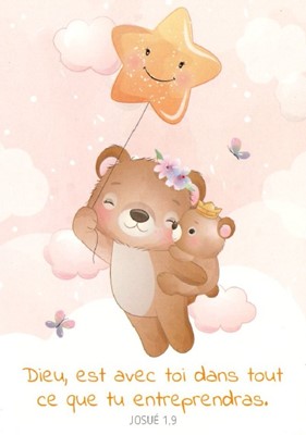 Carte postale pour les enfants avec verset dessin d'un ourson accroché à un ballon étoile