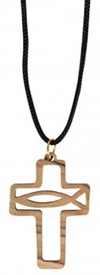 Collier 65 cm croix en bois d'olivier avec ichtus