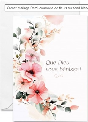 Carte double mariage demi-couronne de fleurs sur fond blanc