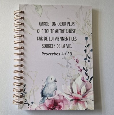 Carnet A6 spirales décor oiseau et fleurs roses