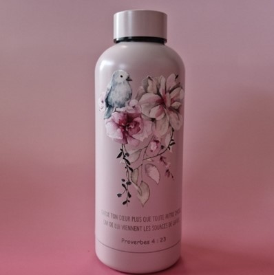 Bouteille isotherme oiseau fleurs roses