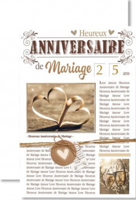 Carte double anniversaire de mariage écritures et coeurs dorés