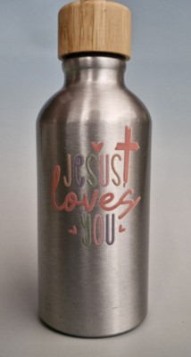 Petite Gourde argent, bouchon bambou « Jesus loves you »